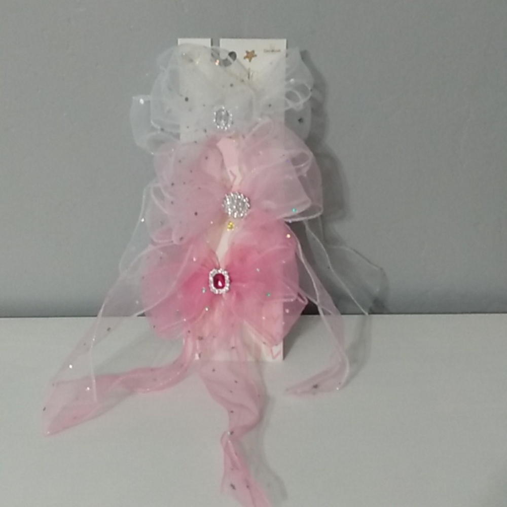 3 Pc.‎ Pink and White Sheer Hair Bow Clips With Rhinestones